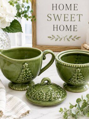 Cracker Barrel Holiday Christmas Tree Stoneware Creamer Sugar Bowl Farmhouse